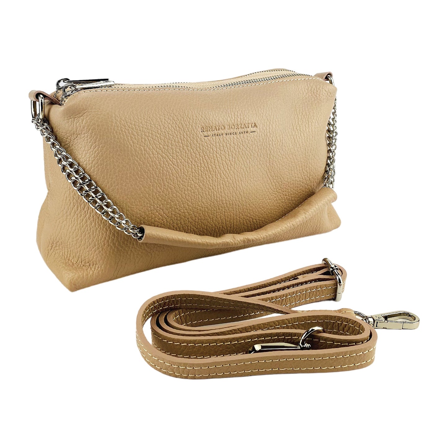 Sac à main pour femme avec double fermeture éclair en cuir véritable. Fabriqué en Italie