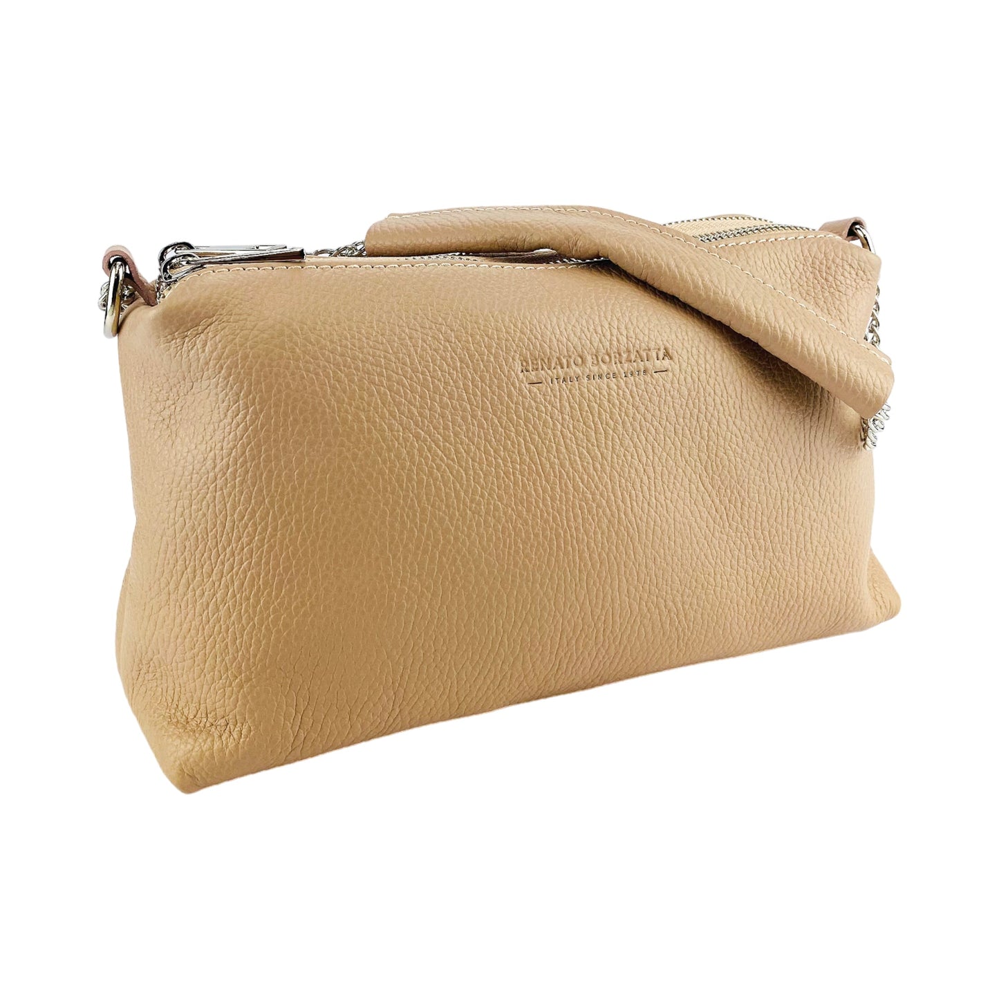 Sac à main pour femme avec double fermeture éclair en cuir véritable. Fabriqué en Italie