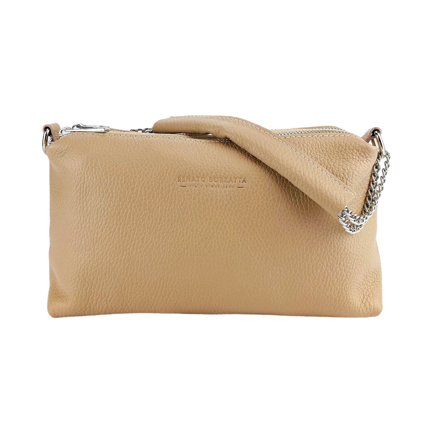 Sac à main pour femme avec double fermeture éclair en cuir véritable. Fabriqué en Italie