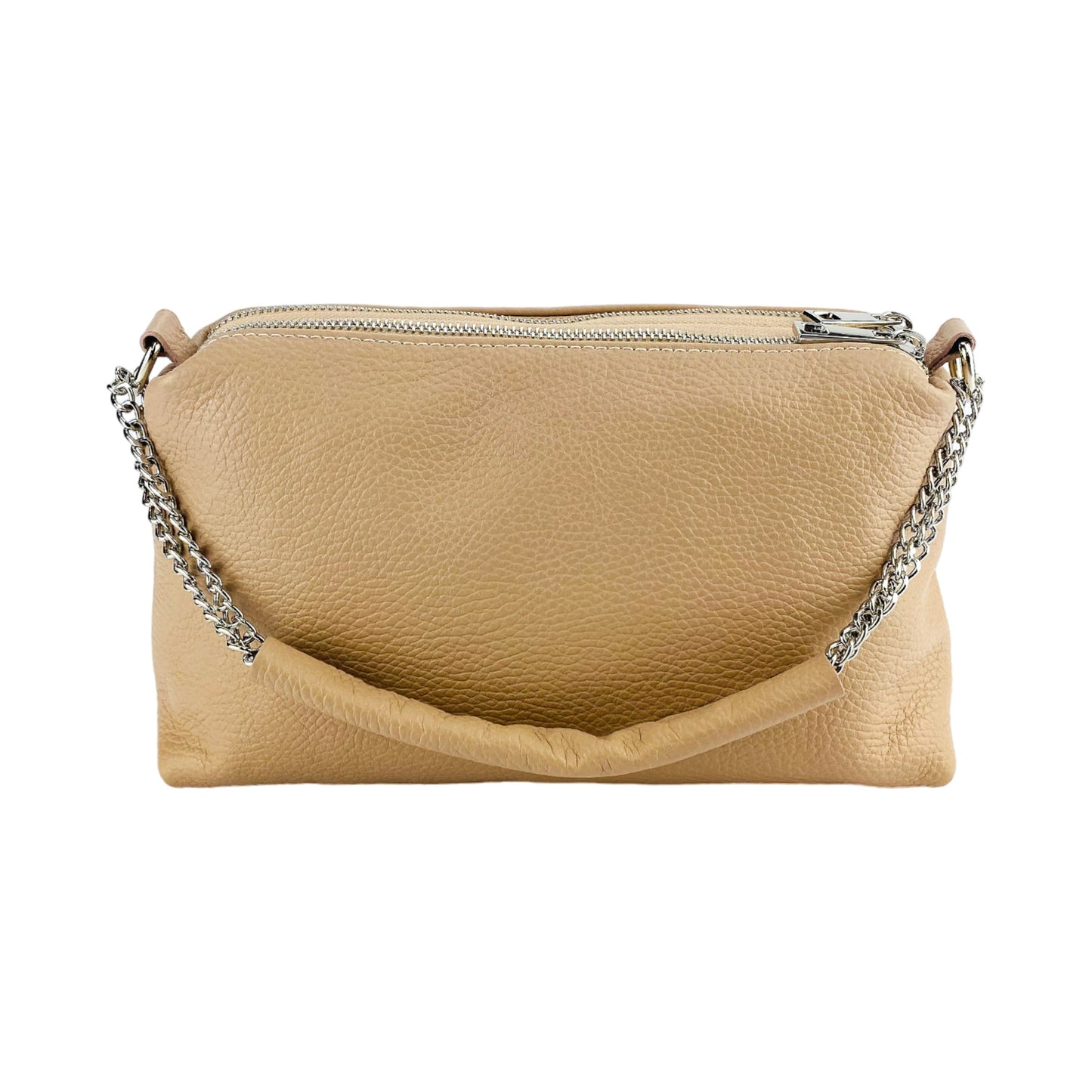 Sac à main pour femme avec double fermeture éclair en cuir véritable. Fabriqué en Italie