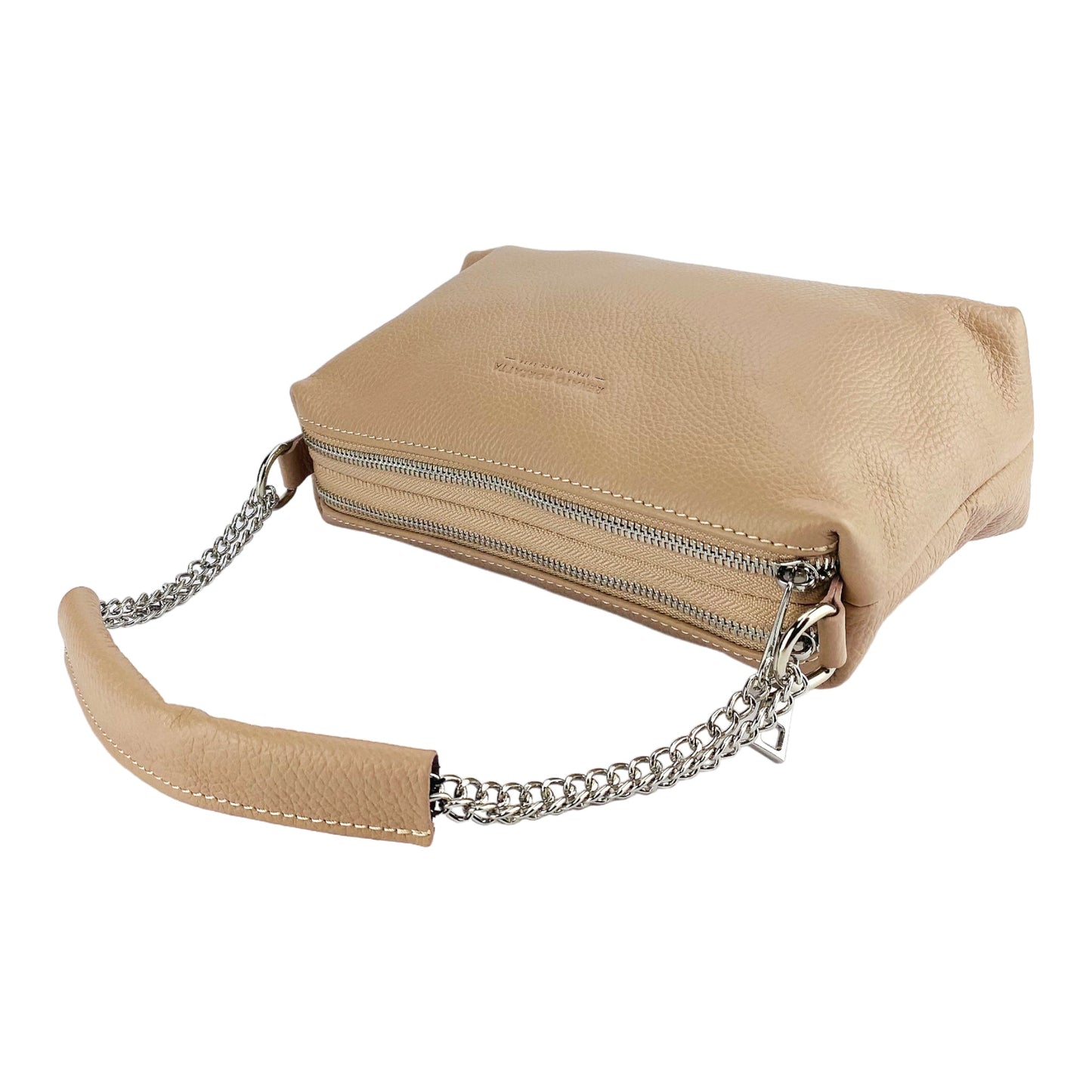 Sac à main pour femme avec double fermeture éclair en cuir véritable. Fabriqué en Italie