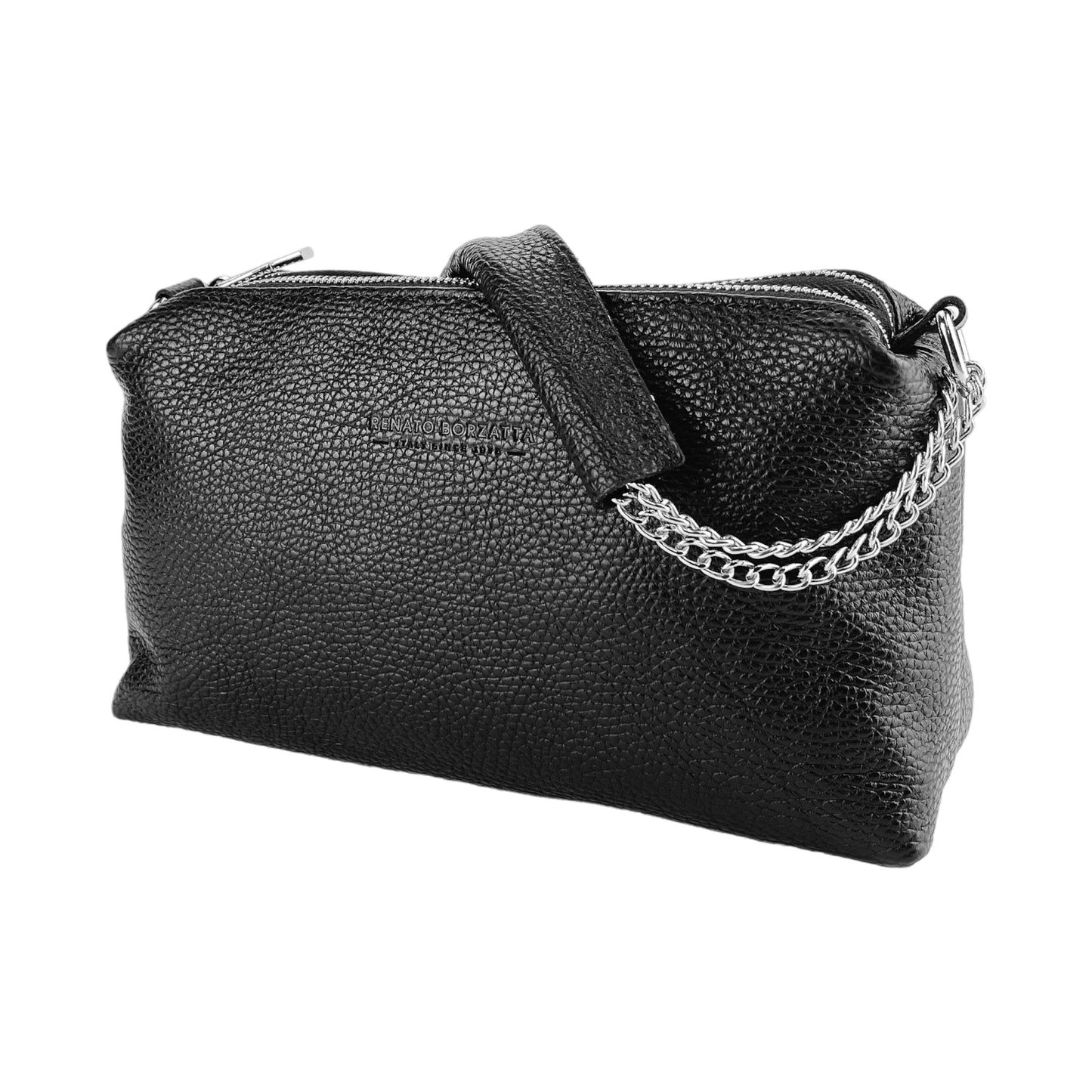 Sac à main pour femme avec double fermeture éclair en cuir véritable. Fabriqué en Italie