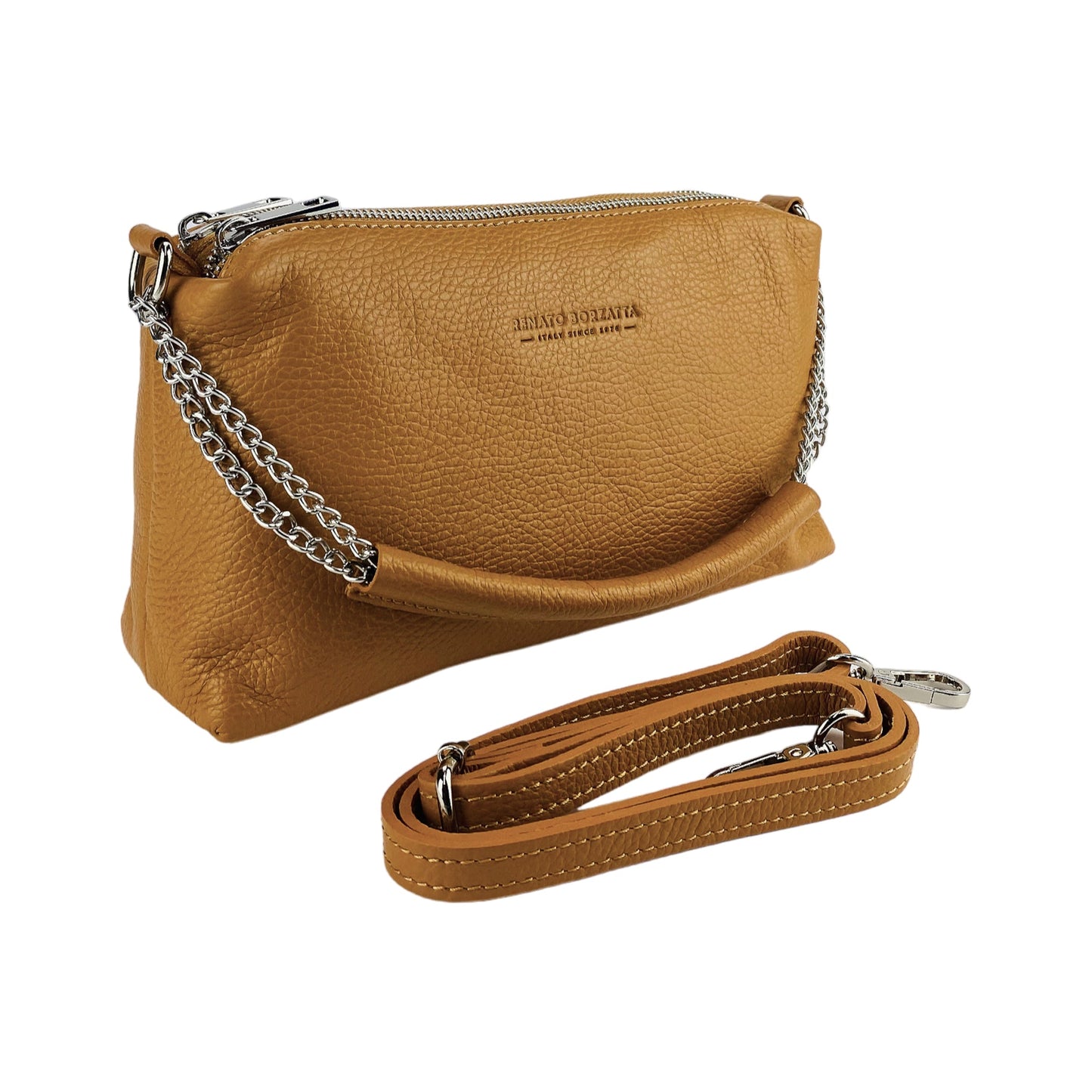 Sac à main pour femme avec double fermeture éclair en cuir véritable. Fabriqué en Italie